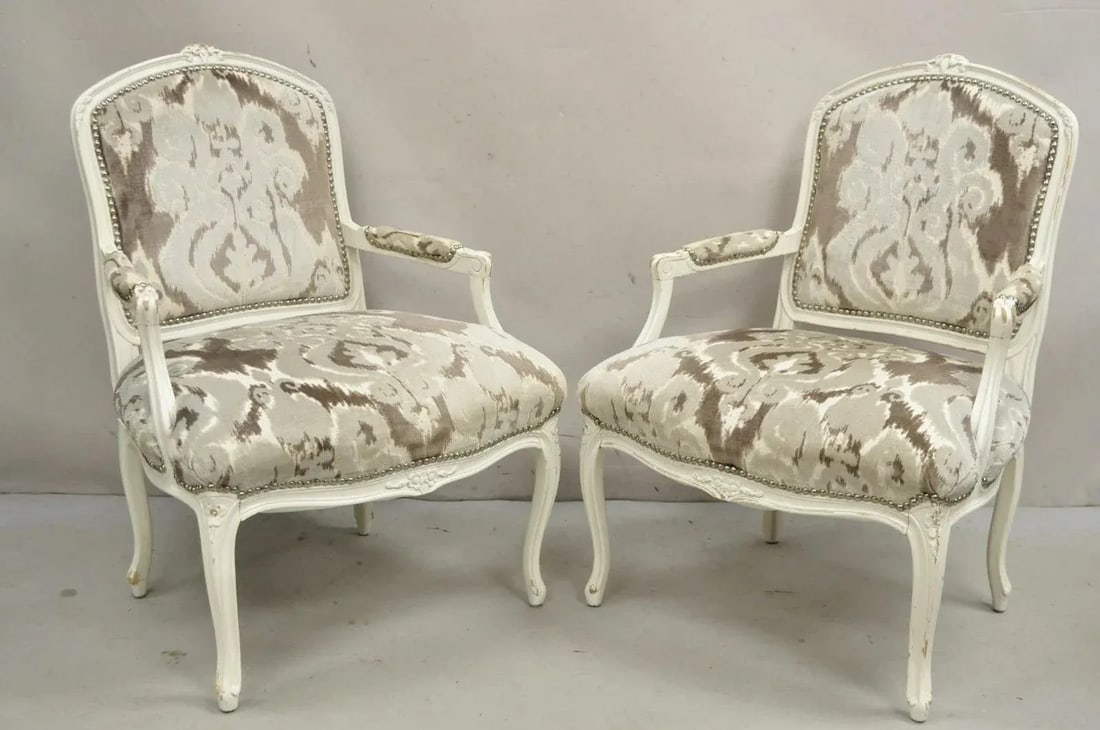 Vintage French Country Louis XV Style White Distress Painted Arm Chairs - A Pair - 2