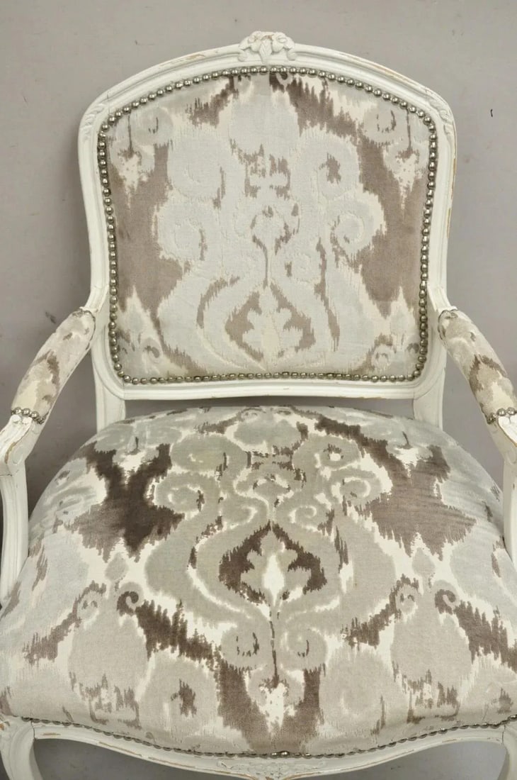 Vintage French Country Louis XV Style White Distress Painted Arm Chairs - A Pair - 3