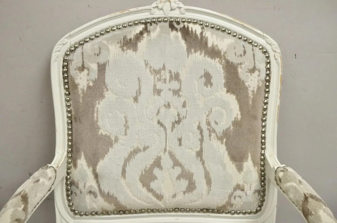 Vintage French Country Louis XV Style White Distress Painted Arm Chairs - A Pair - 4