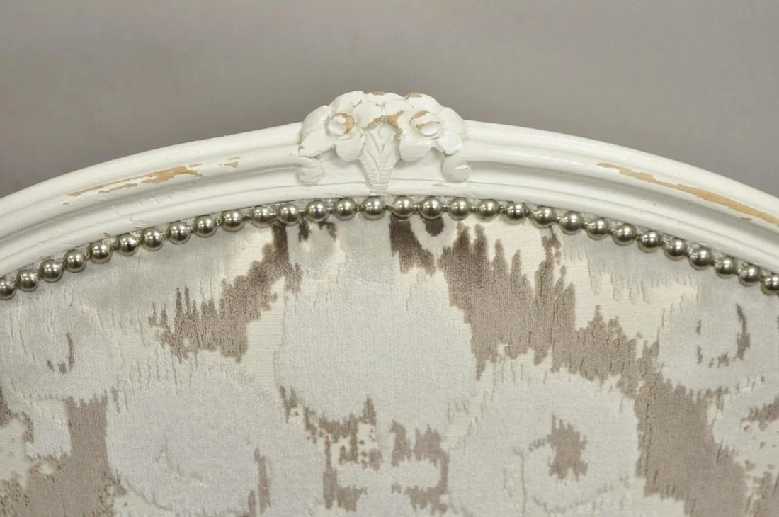 Vintage French Country Louis XV Style White Distress Painted Arm Chairs - A Pair - 5