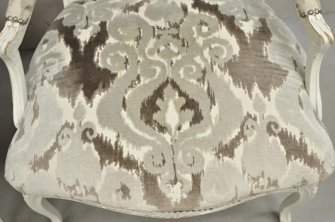 Vintage French Country Louis XV Style White Distress Painted Arm Chairs - A Pair - 7