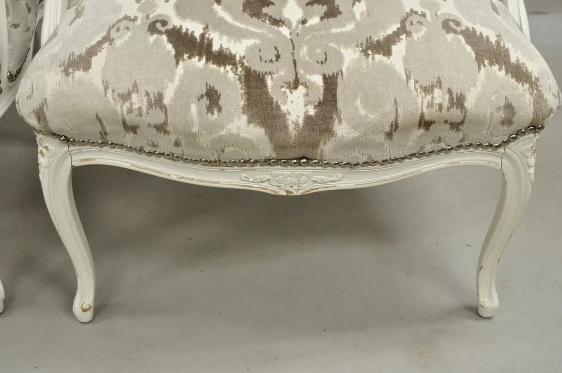 Vintage French Country Louis XV Style White Distress Painted Arm Chairs - A Pair - 8