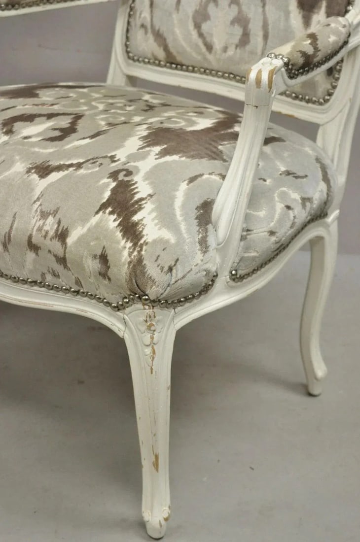 Vintage French Country Louis XV Style White Distress Painted Arm Chairs - A Pair - 9