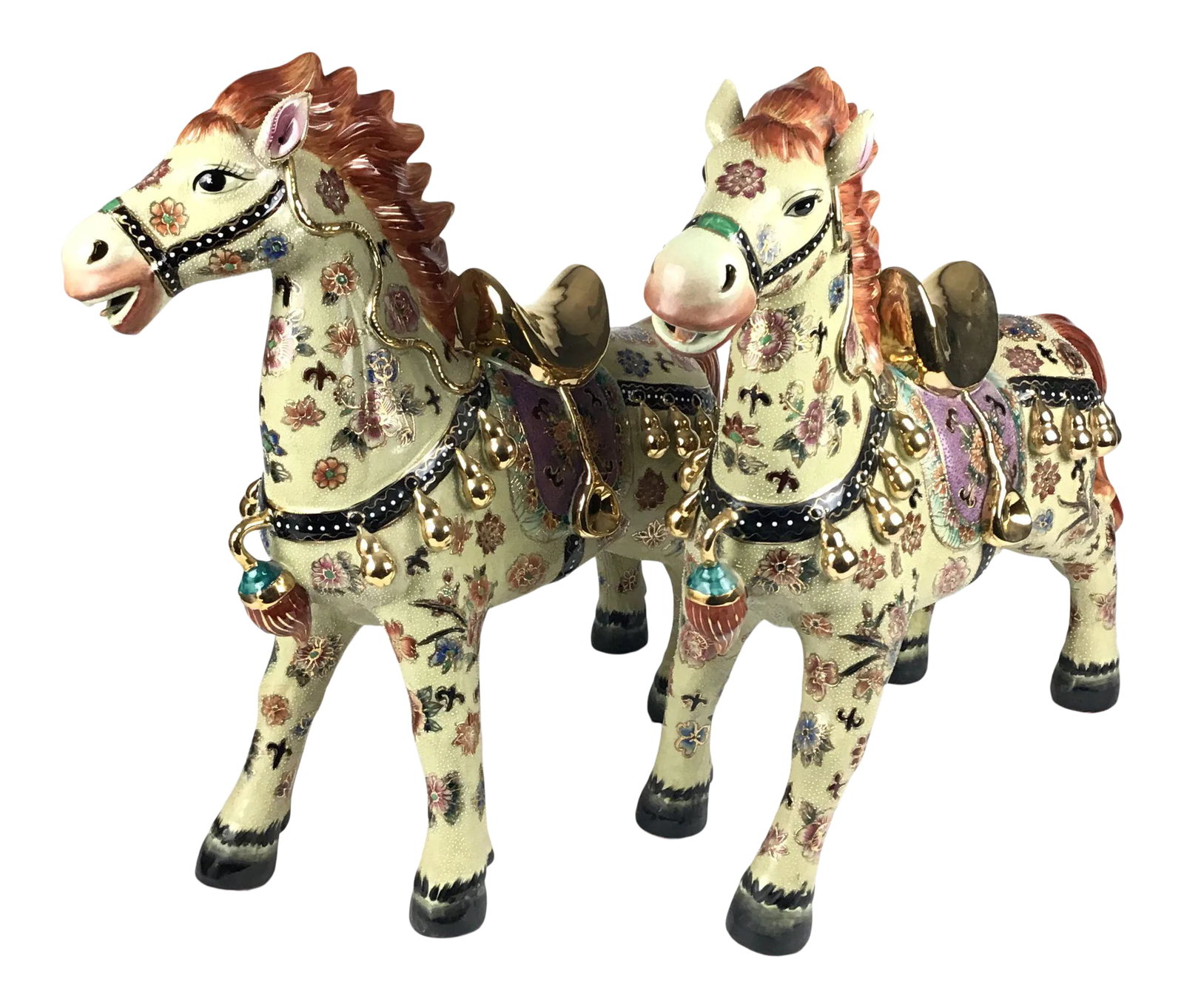 Vintage Chinese Porcelain Golden Horses - a Pair: Absolutely breathtaking pair of hand painted Porcelain horses from the 80's. Large and both are acting like they want to run fast. Not quite mirror image but close. The workmanship and hand painting i