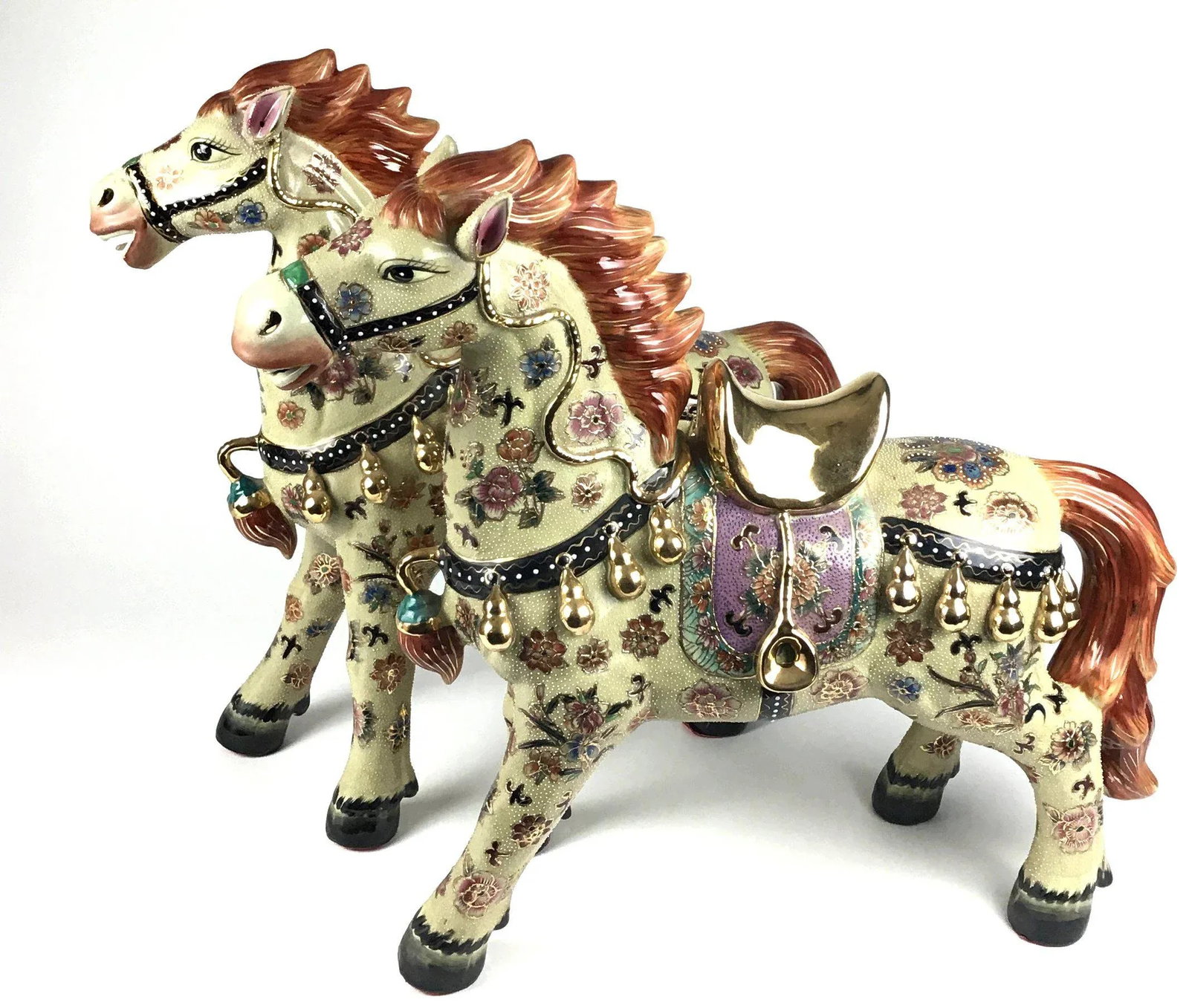 Vintage Chinese Porcelain Golden Horses - a Pair - 2