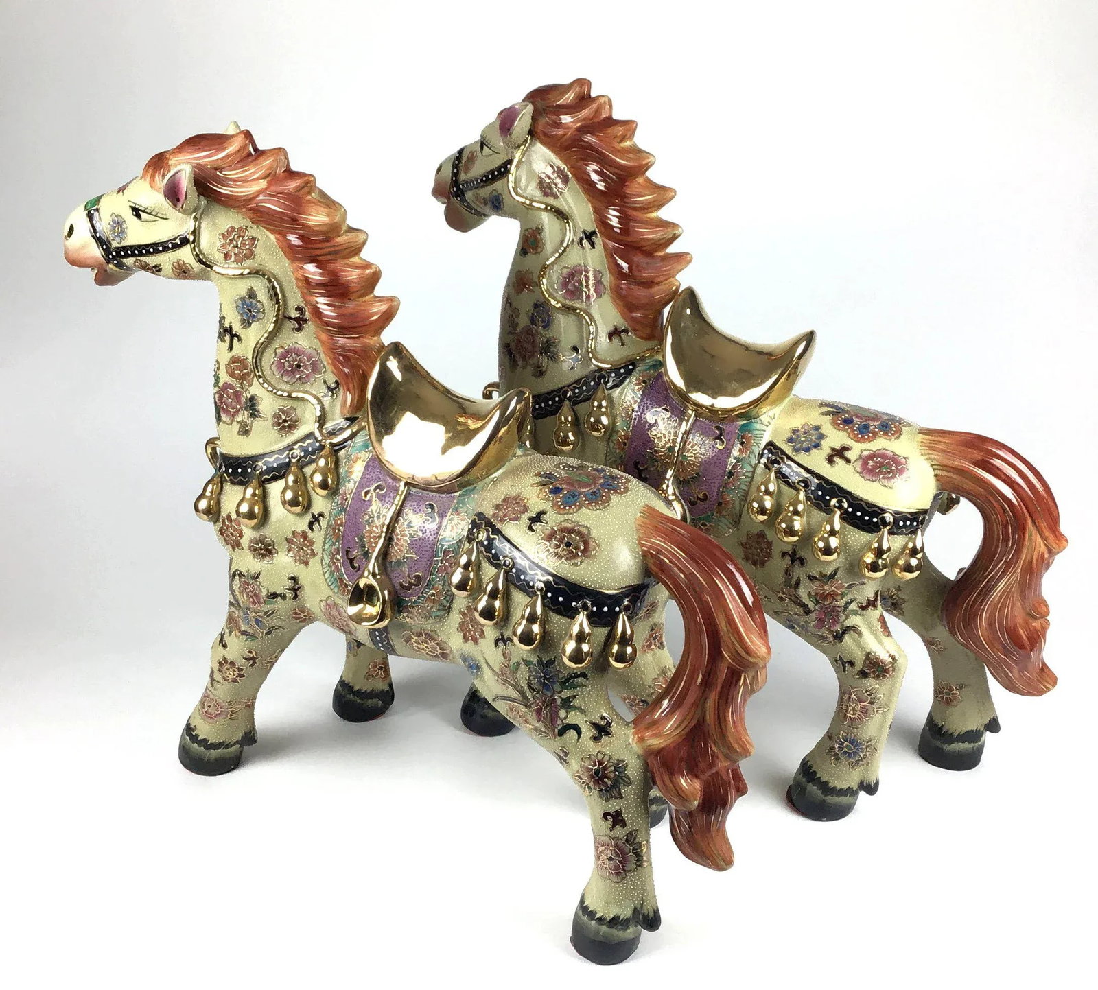 Vintage Chinese Porcelain Golden Horses - a Pair - 3