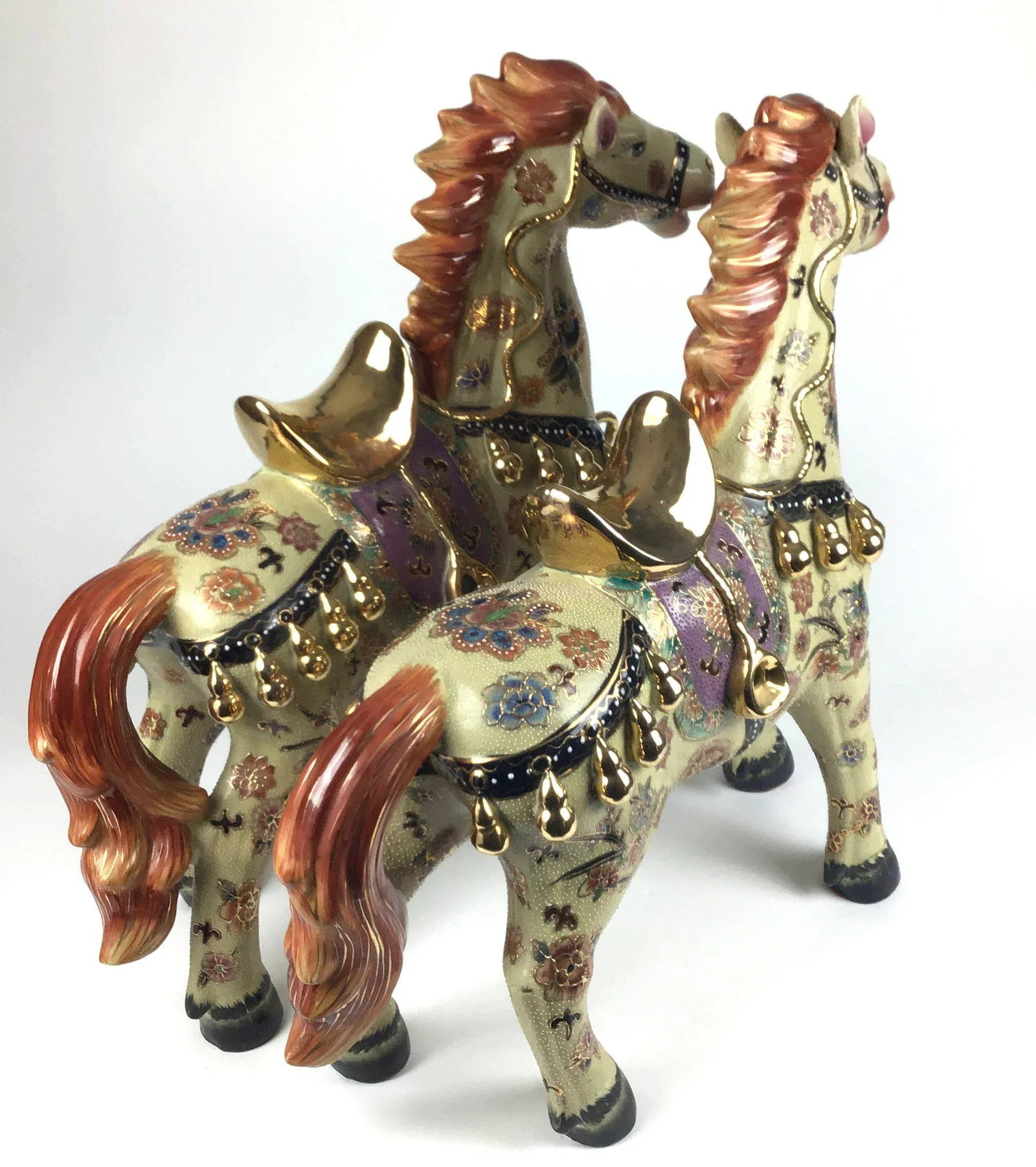 Vintage Chinese Porcelain Golden Horses - a Pair - 4