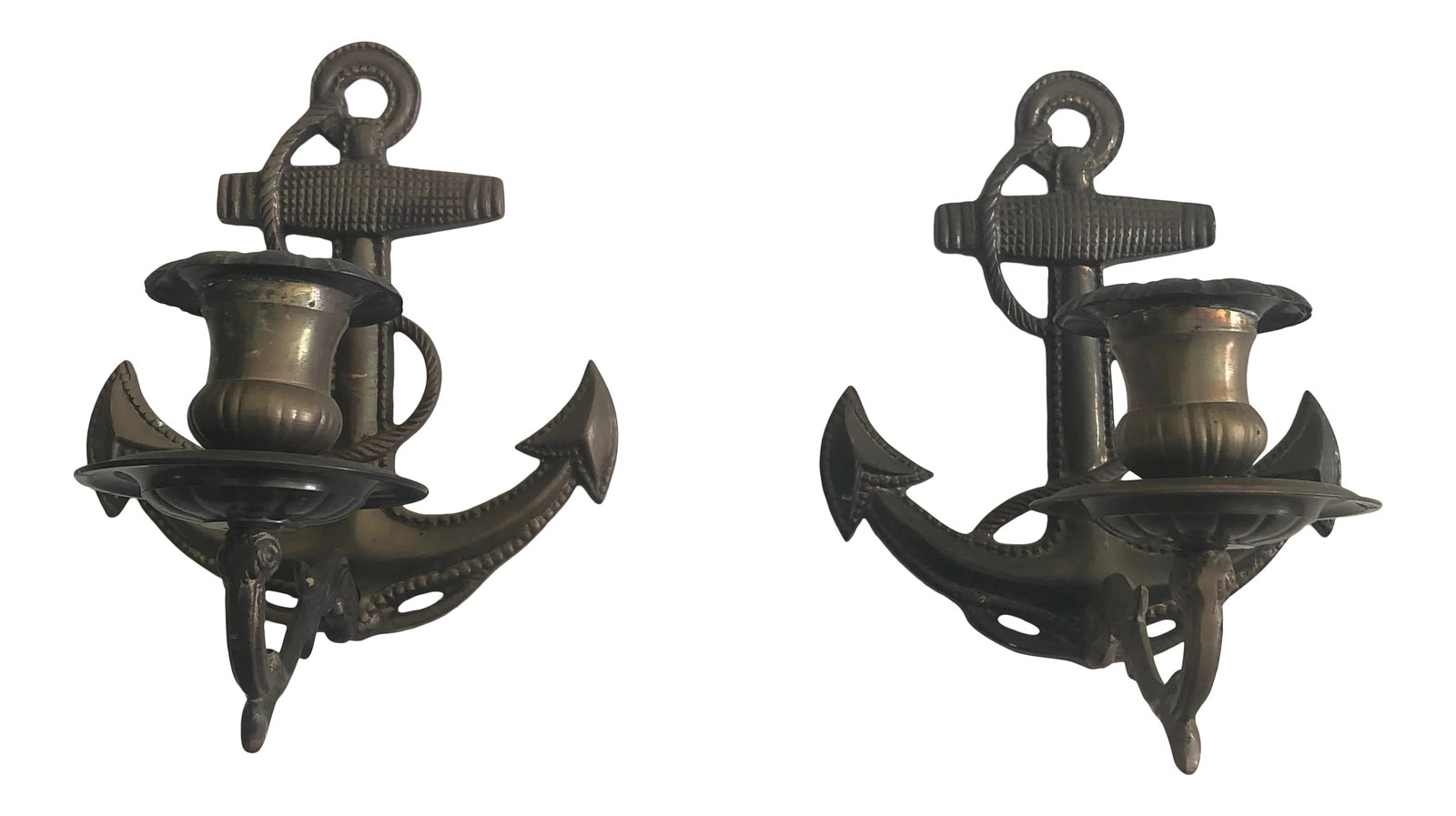 Nautical Brass Anchor Motife Sconces - a Pair: A fun pair of aged brass candle sconces having an anchor nautical motife. Condition: Alterations: Original Condition Unaltered Imperfections: Some Imperfections Condition Notes: No imperfections. Mate