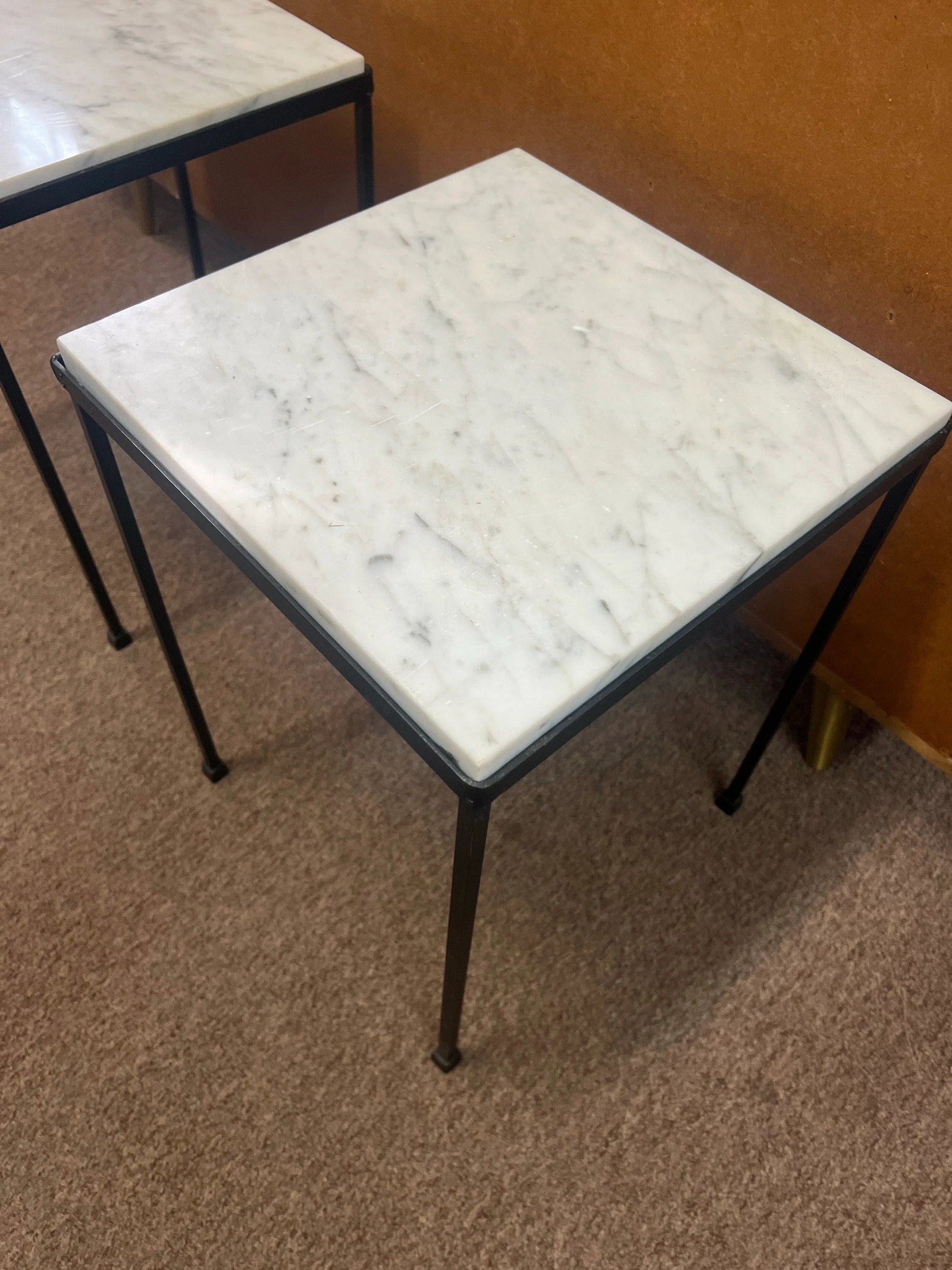 Circa 1950s Small Scale Wrought Iron Marble Top Side Tables - A Pair - 2