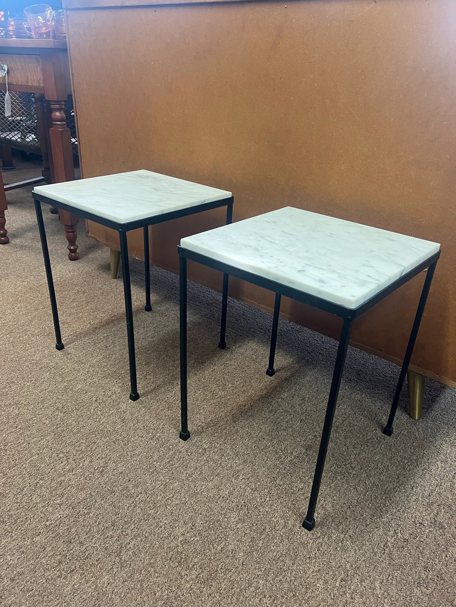 Circa 1950s Small Scale Wrought Iron Marble Top Side Tables - A Pair - 5
