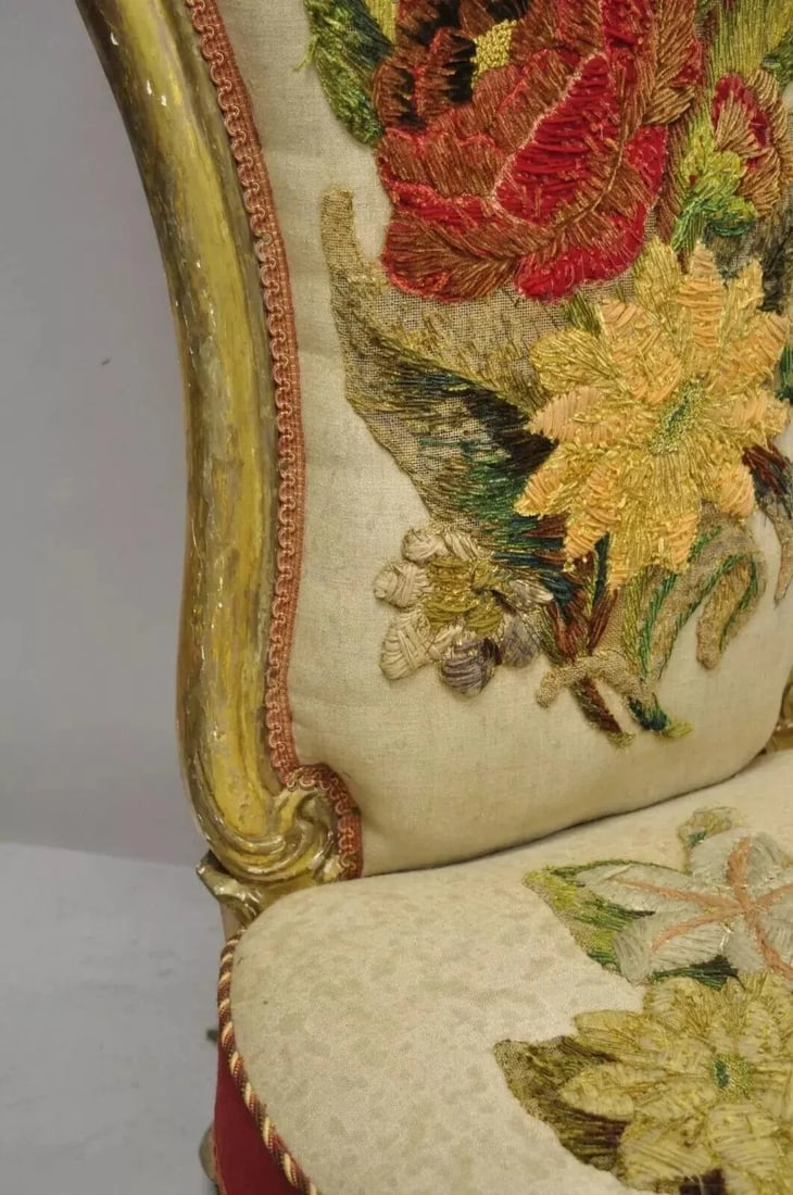 Late 19th Century Antique Victorian Gold Giltwood Rococo Parlor Slipper Lounge Chairs - A Pair - 10