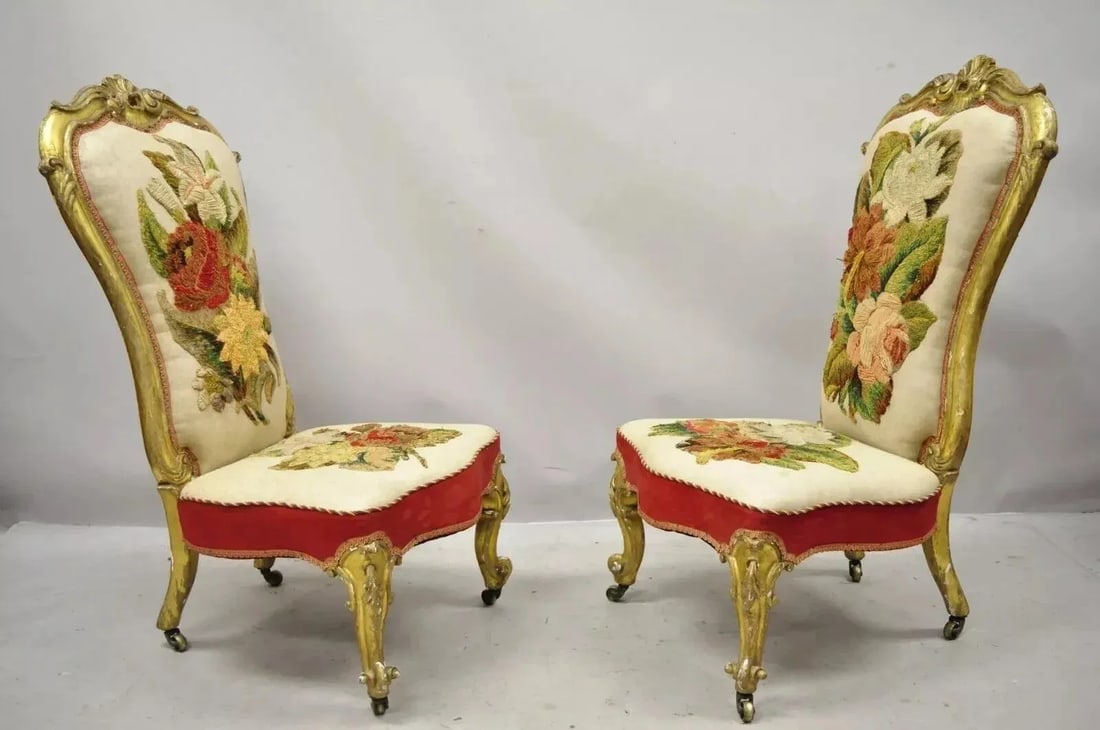 Late 19th Century Antique Victorian Gold Giltwood Rococo Parlor Slipper Lounge Chairs - A Pair - 11