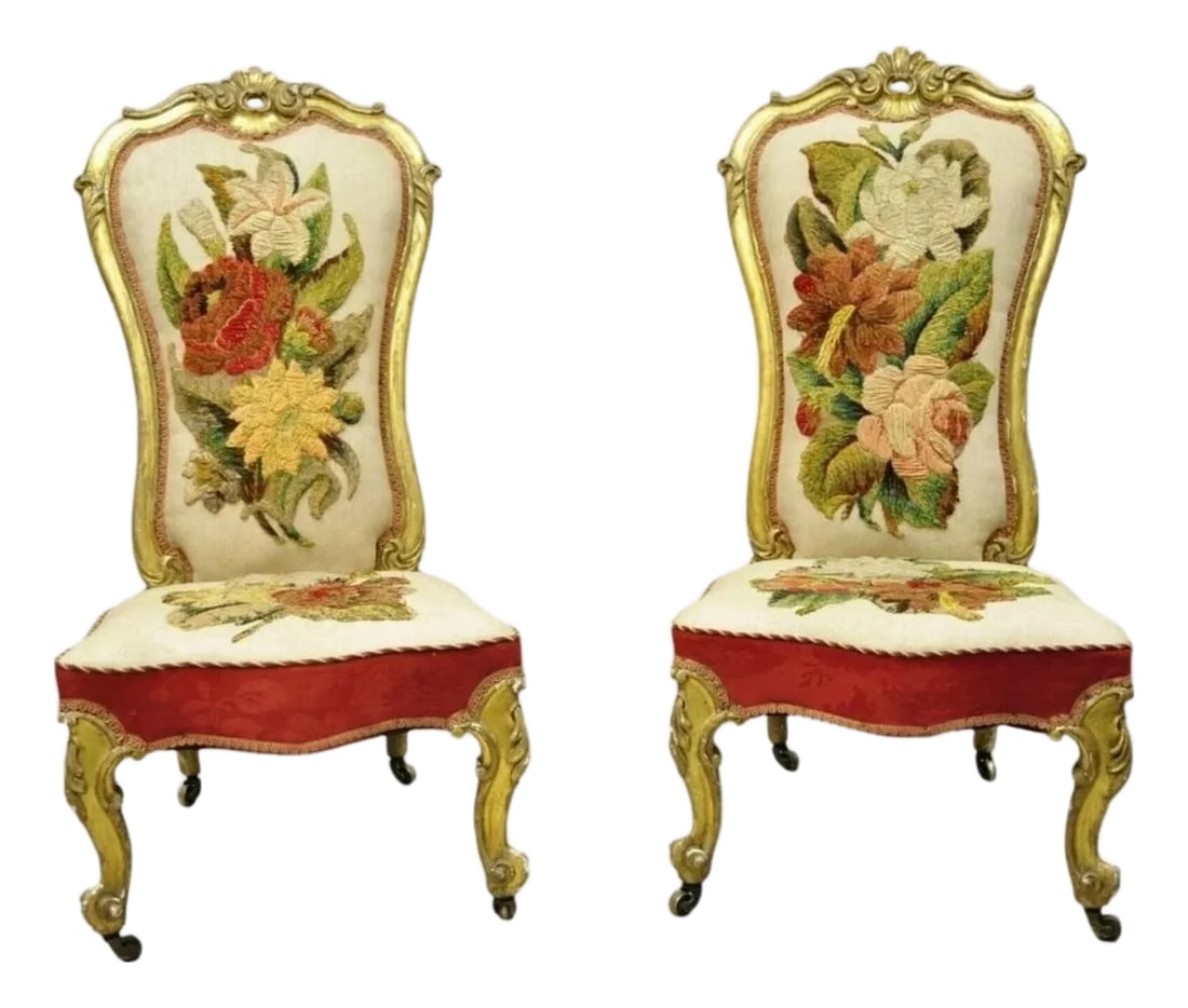 Late 19th Century Antique Victorian Gold Giltwood Rococo Parlor Slipper Lounge Chairs - A Pair (1 of 12)