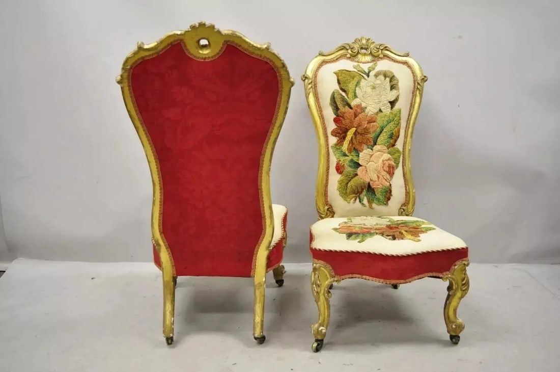 Late 19th Century Antique Victorian Gold Giltwood Rococo Parlor Slipper Lounge Chairs - A Pair - 2