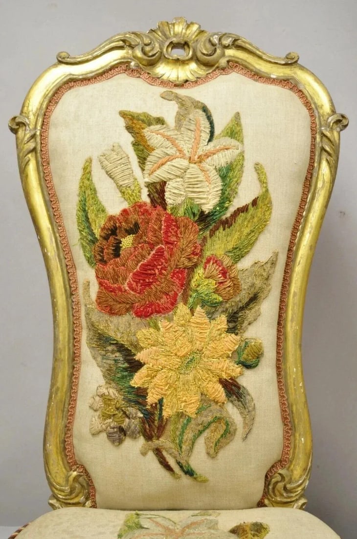 Late 19th Century Antique Victorian Gold Giltwood Rococo Parlor Slipper Lounge Chairs - A Pair - 3