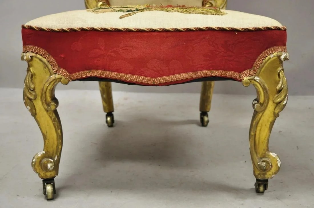 Late 19th Century Antique Victorian Gold Giltwood Rococo Parlor Slipper Lounge Chairs - A Pair - 7