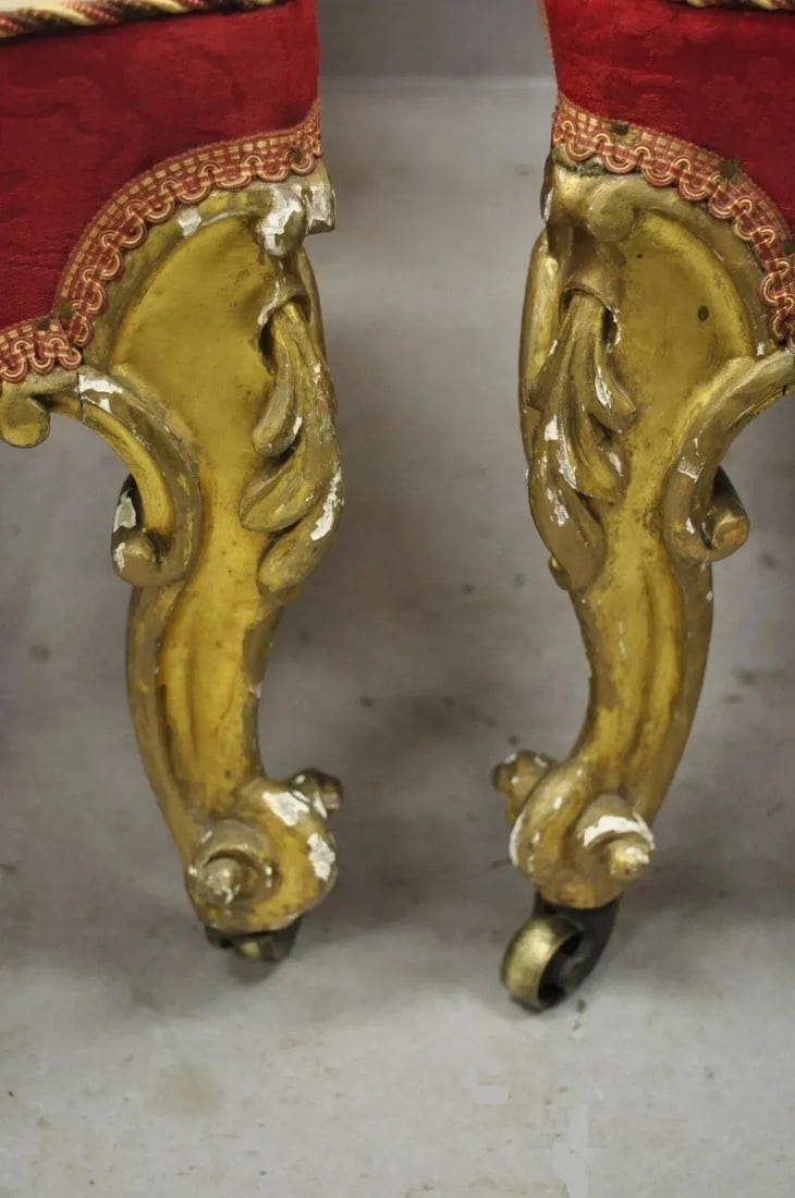 Late 19th Century Antique Victorian Gold Giltwood Rococo Parlor Slipper Lounge Chairs - A Pair - 8
