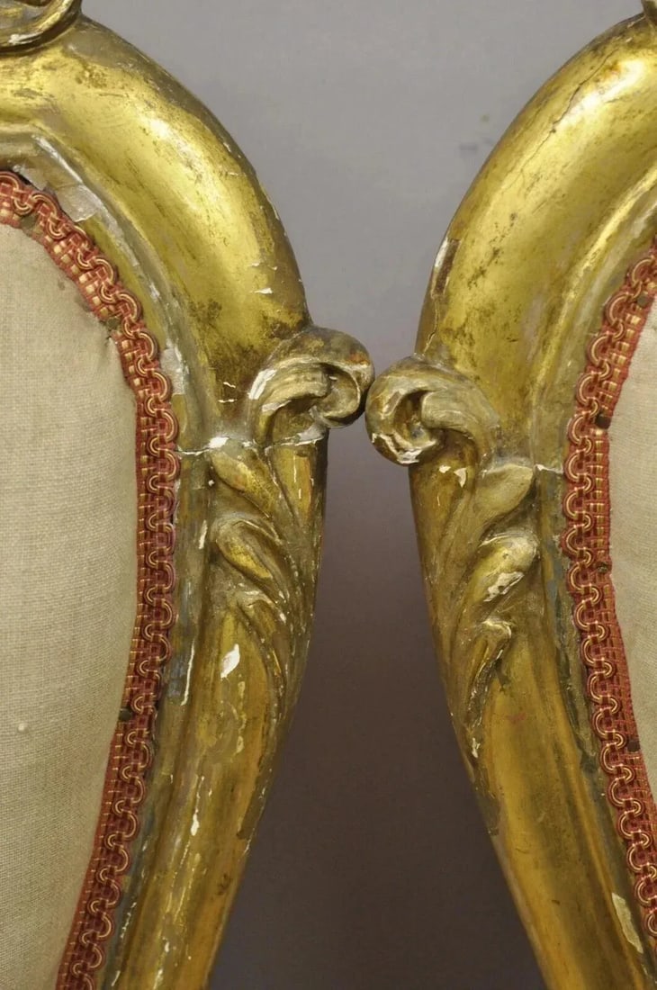 Late 19th Century Antique Victorian Gold Giltwood Rococo Parlor Slipper Lounge Chairs - A Pair - 9