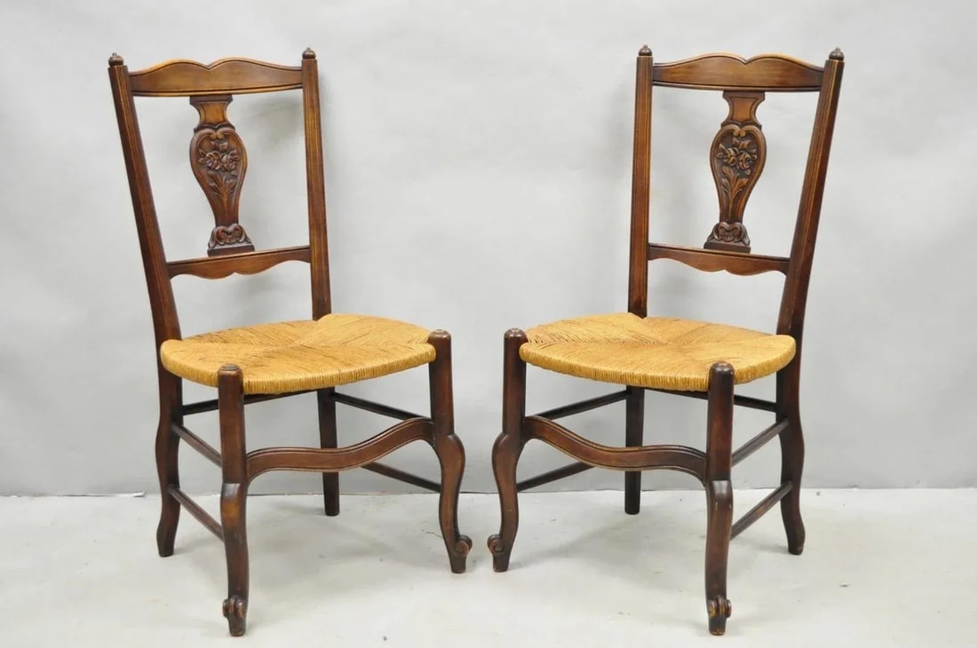 Antique William & Mary Style Carved Walnut Rose Rush Seat Side Chairs - A Pair - 11