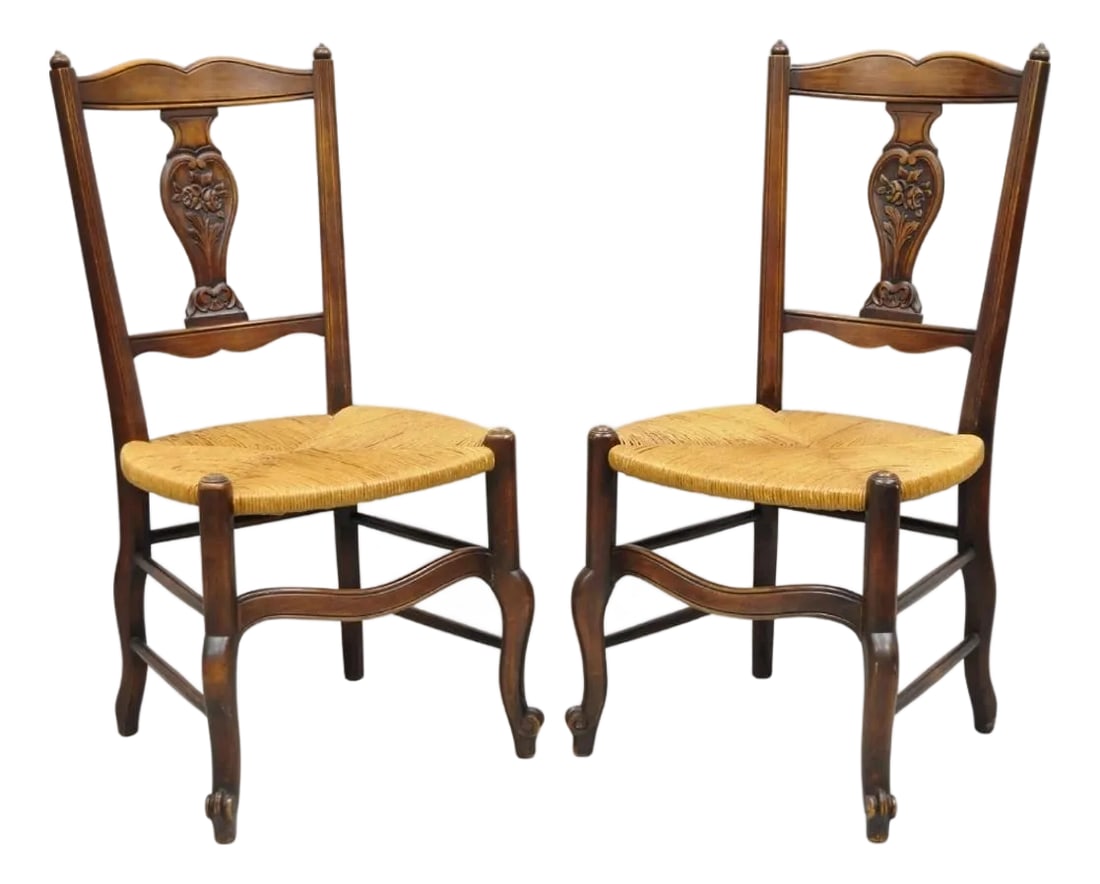 Antique William & Mary Style Carved Walnut Rose Rush Seat Side Chairs - A Pair: Antique William & Mary Style Carved Walnut Rose Flower Backsplat Rush Seat Side Chairs - a Pair . Circa Early 20th Century. Measurements: 37.5" H x 19" W x 21" D x 17" Seat Height. Condition: