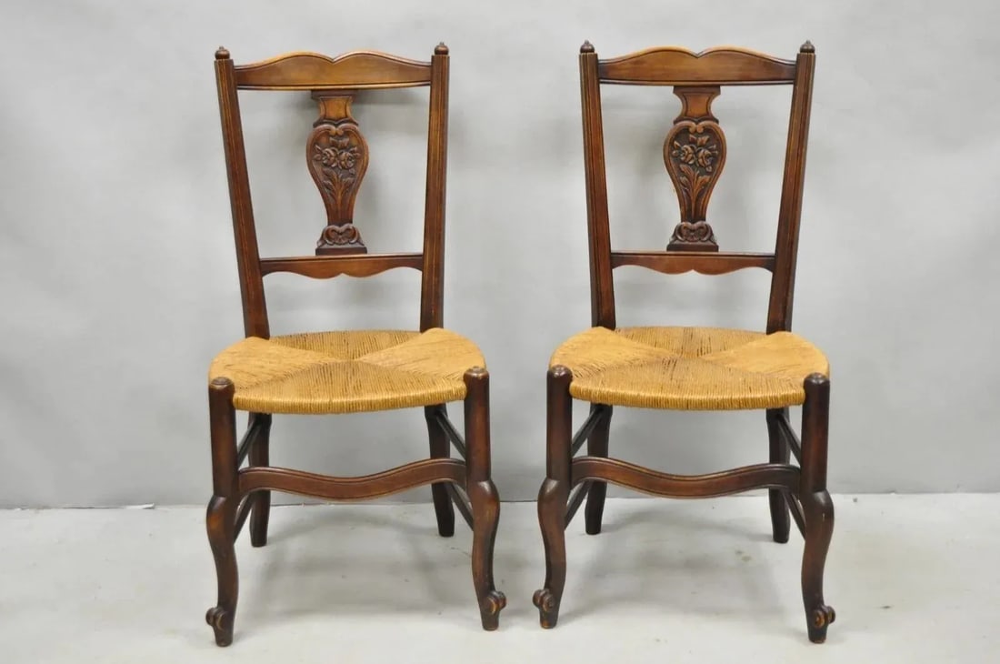 Antique William & Mary Style Carved Walnut Rose Rush Seat Side Chairs - A Pair - 2