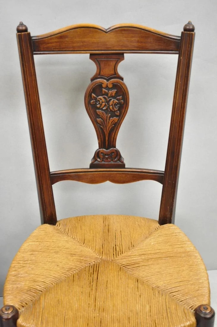 Antique William & Mary Style Carved Walnut Rose Rush Seat Side Chairs - A Pair - 6