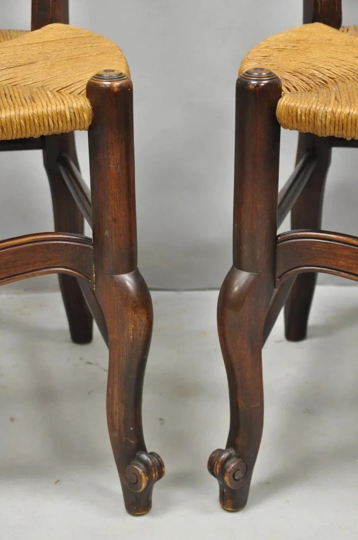 Antique William & Mary Style Carved Walnut Rose Rush Seat Side Chairs - A Pair - 8