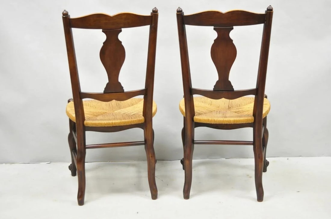 Antique William & Mary Style Carved Walnut Rose Rush Seat Side Chairs - A Pair - 9