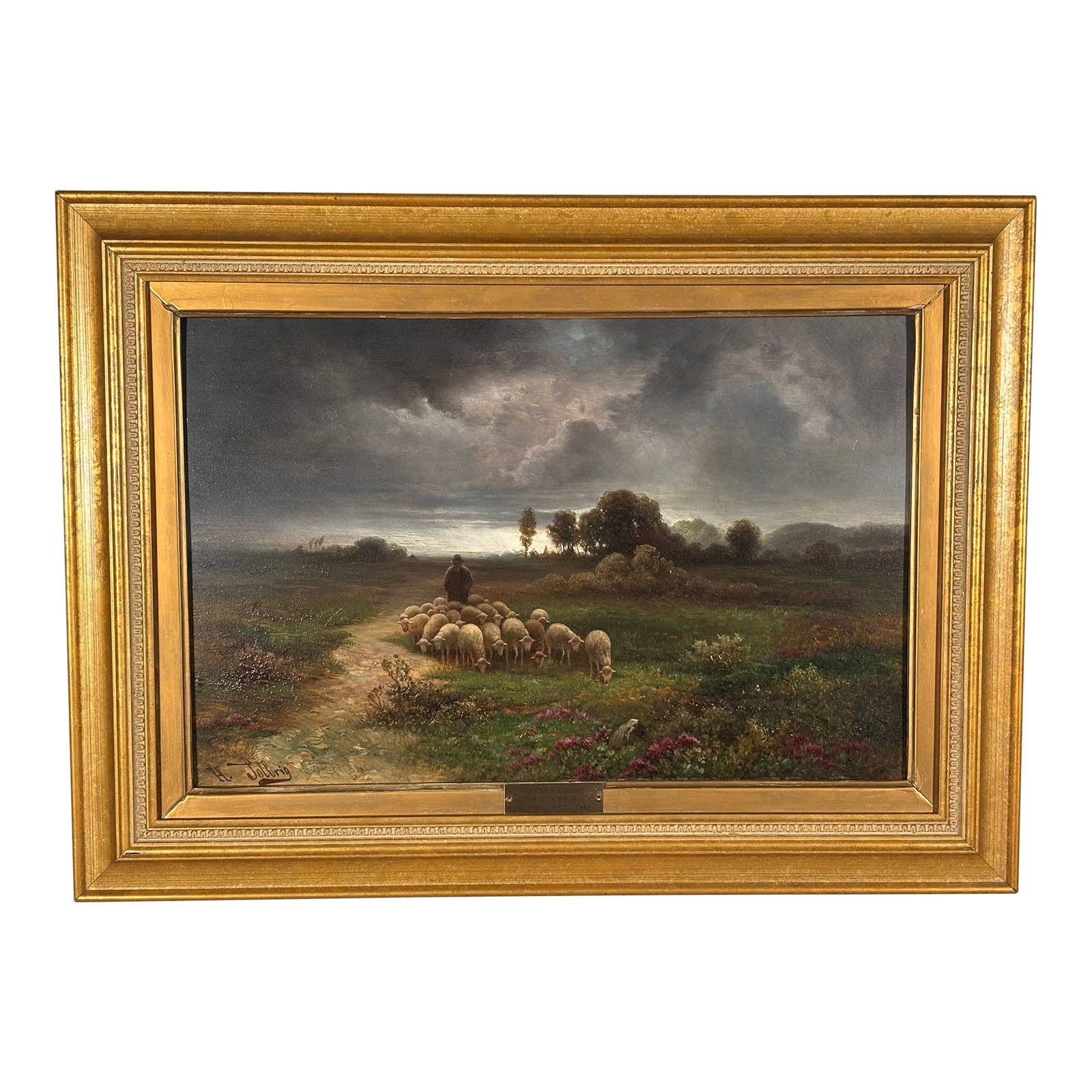 "A Weather Is Coming" Oil on Panel by Herman Solbrig (1853-1942): A moody and atmospheric pastoral landscape by German painter Hermann Solbrig (1853-1942), titled "A Weather is Coming." The finely detailed oil on panel depicts a lone shepherd tending his flock of