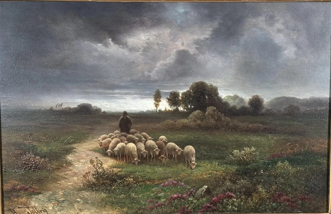 "A Weather Is Coming" Oil on Panel by Herman Solbrig (1853-1942) - 2