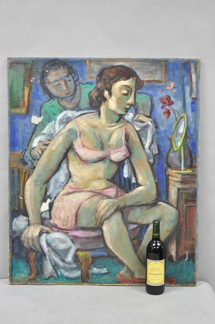 Vintage Samuel Heller "Seated Woman in Undergarments" Oil on Canvas Painting - 13