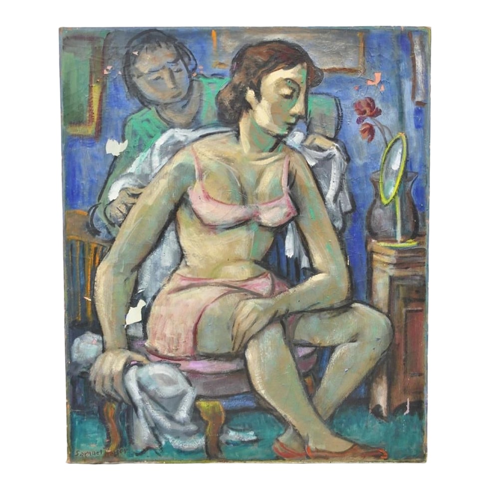 Vintage Samuel Heller "Seated Woman in Undergarments" Oil on Canvas Painting: Vintage 1960s Samuel Heller "Seated Woman in Undergarments" Oil on Canvas Portrait Painting, Signed. Artist: "NY listed artist Samuel S. Heller (1902 - 1997). Was active/ lived in New York,