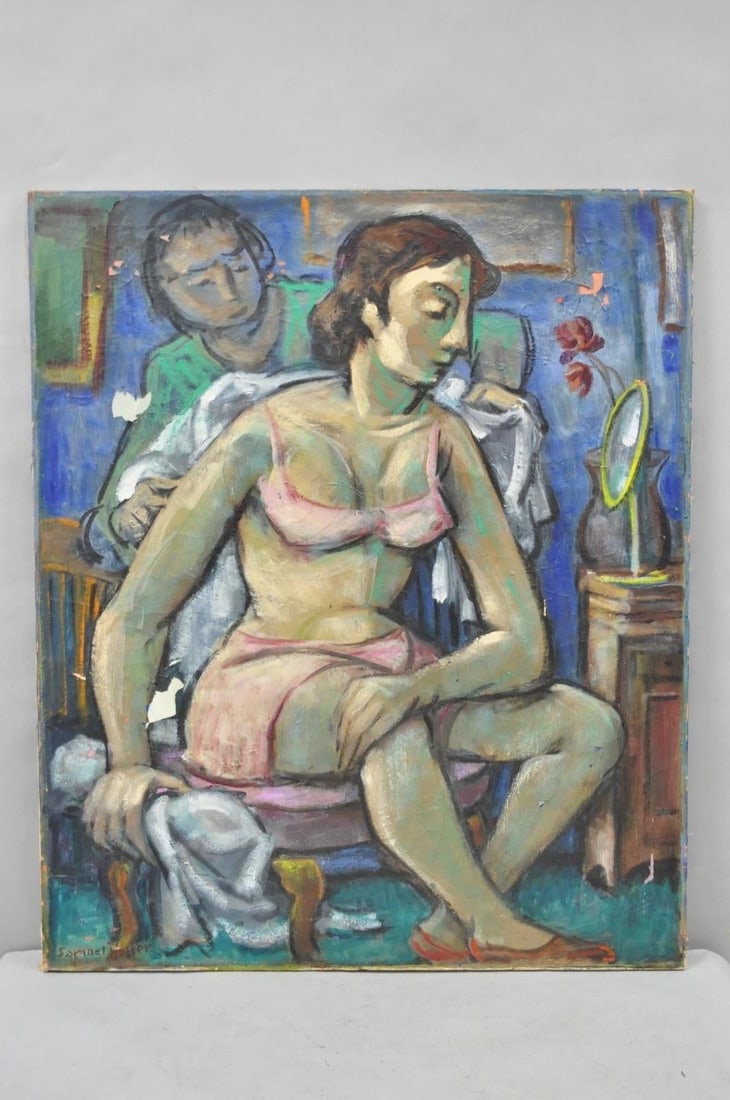 Vintage Samuel Heller "Seated Woman in Undergarments" Oil on Canvas Painting - 2