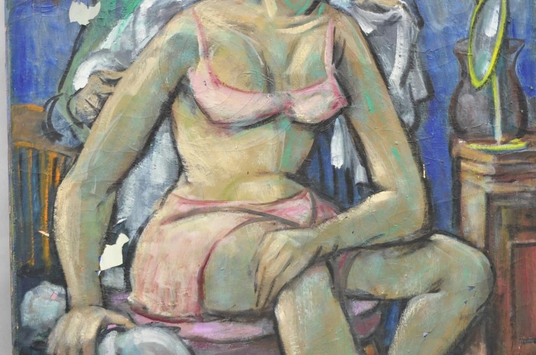 Vintage Samuel Heller "Seated Woman in Undergarments" Oil on Canvas Painting - 4