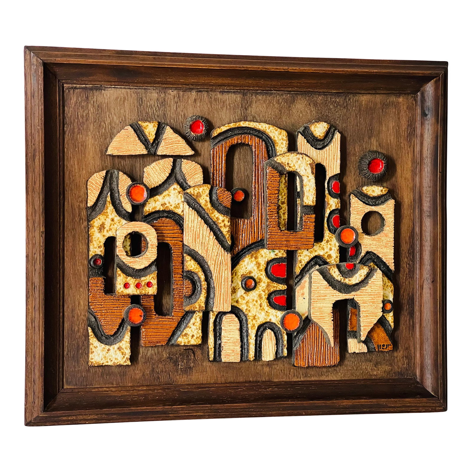 MCM Signed Ceramic Installation Framed: Impressive abstract polychrome ceramic framed and signed lower right. Mid century modern decor. Condition: Alterations: Original Condition Unaltered Imperfections: Some Imperfections Condition Notes: 