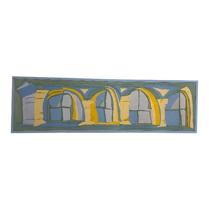Vintage Abstract Architectural Modern Painting Signed by Carlson: Great color in this painting by Californian artist, Carlson. I love how the artist uses three tones of blue, and two tones of green and yellow. It gives it a dreamy feel. And the composition looks lik
