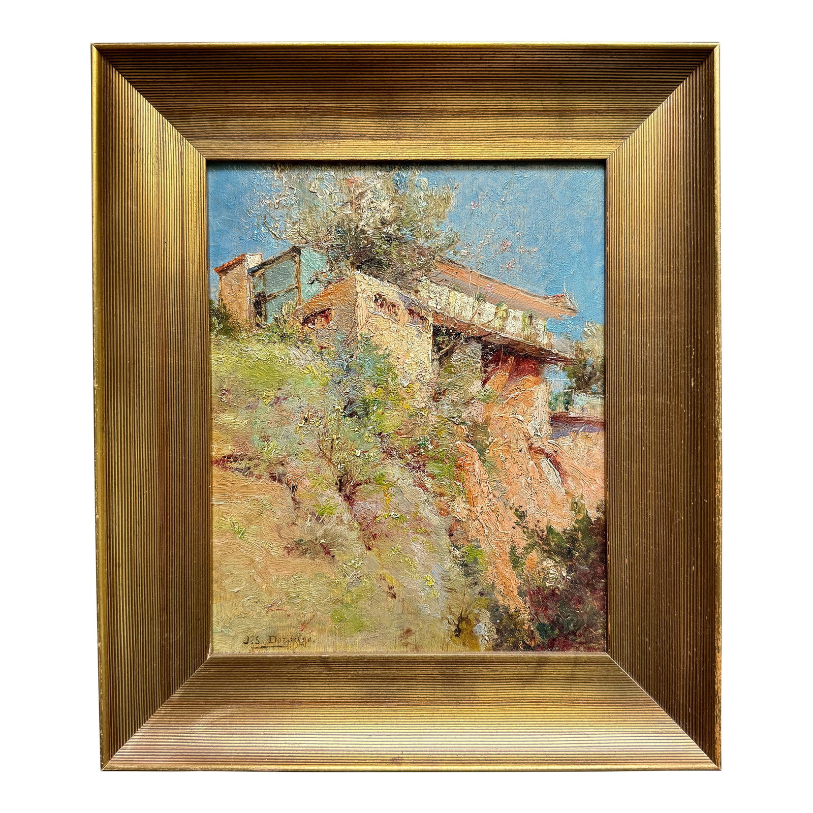 19th Century French Painting of Cliff Side House: A late 19th century French Impressionist style painting by artist J. S. Dorange depicting a Mediterranean style cliff side house. Signed lower left and on back. Oil on board. Newer frame. Circa
