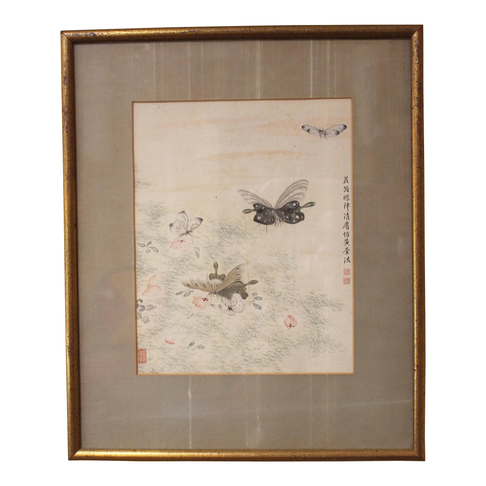 Late 19th Century Chinese Qing Dynasty Ink and Color Painting on Silk: Qing Dynasty ink & color painting on silk, Chinese, late 19th century. Butterflies fluttering in gongbi style. Text on right translates to: Morning Mist, Butterflies, divine, imitating Huang Quan's st