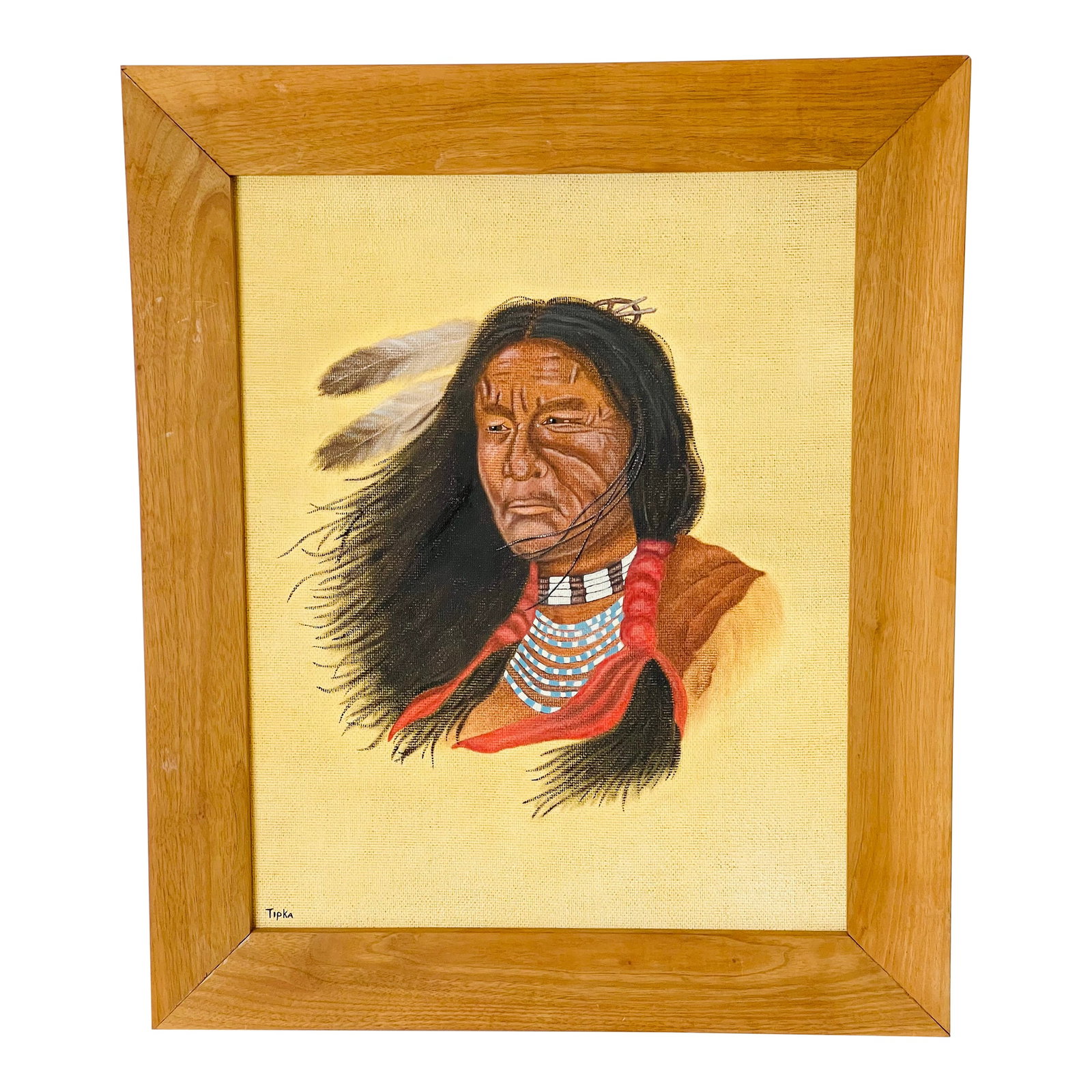 Outsider Folk Art Native American Portrait Signed, Framed: Vintage portrait on board of a Native American Chief. Signed lower left and framed in a hardwood frame. Condition: Alterations: Original Condition Unaltered Imperfections: Some Imperfections