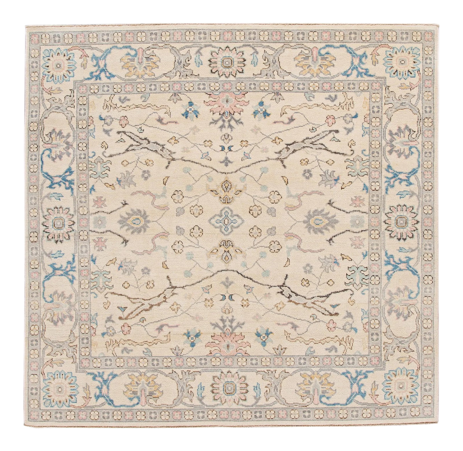 New Beige Modern Oushak Square Wool Rug: Beautiful Square Modern Oushak hand-knotted wool rug with a botanical floral design on a beige field and multi-color accents throughout the piece. This rug measures: 8'2" x 8'. Condition: Imperfection