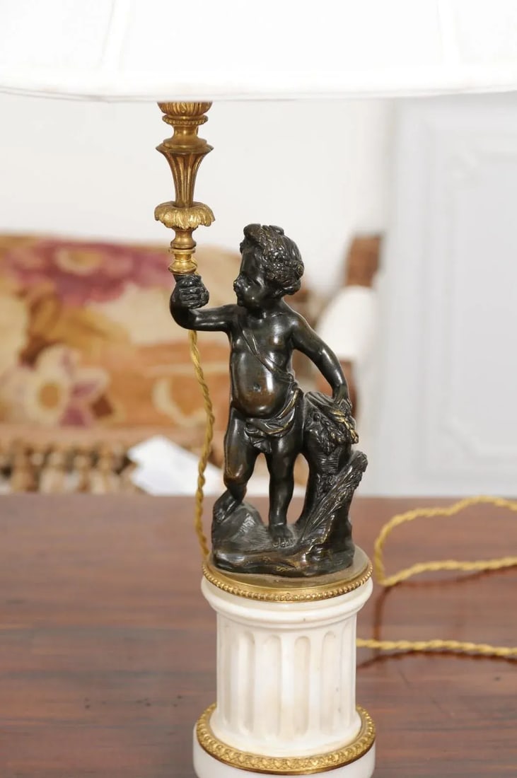 French 19th Century Neoclassical Style Marble and Bronze Putti Lamps - A Pair - 10
