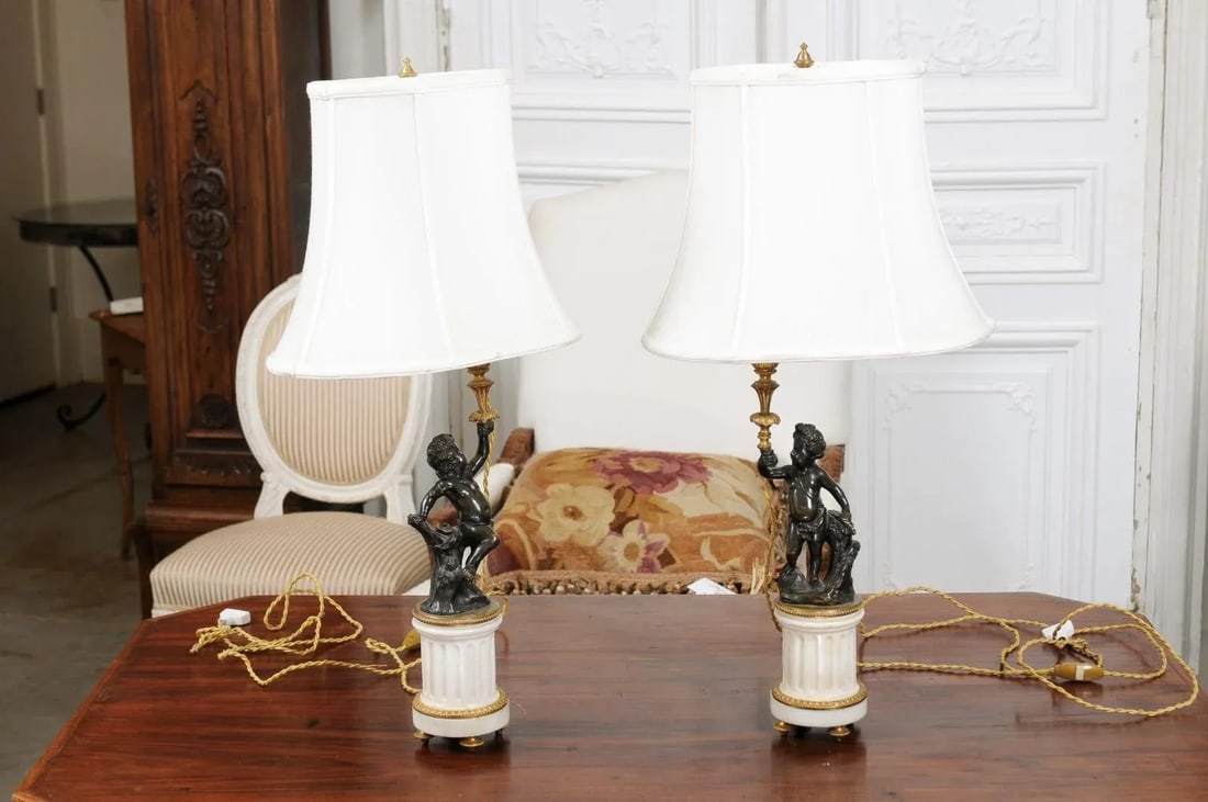 French 19th Century Neoclassical Style Marble and Bronze Putti Lamps - A Pair - 11