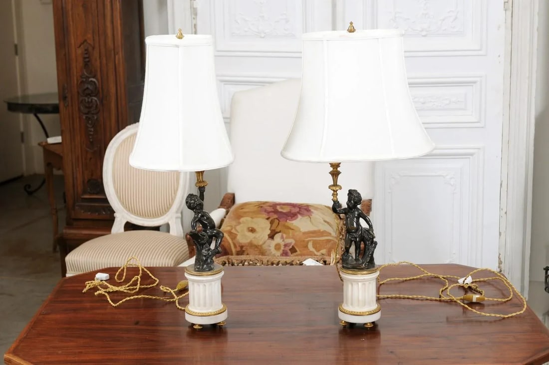 French 19th Century Neoclassical Style Marble and Bronze Putti Lamps - A Pair - 12