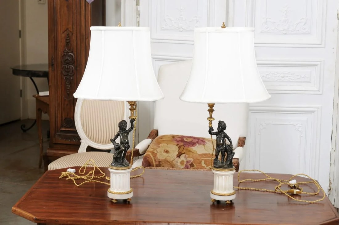 French 19th Century Neoclassical Style Marble and Bronze Putti Lamps - A Pair - 2