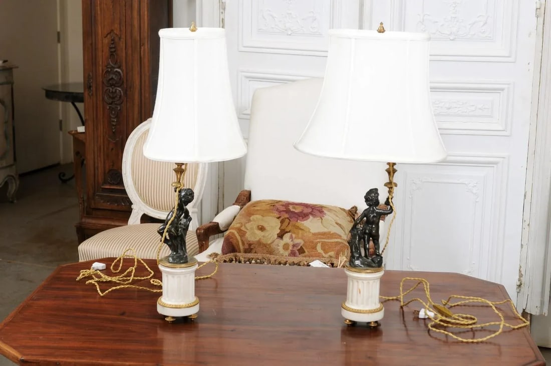 French 19th Century Neoclassical Style Marble and Bronze Putti Lamps - A Pair - 3
