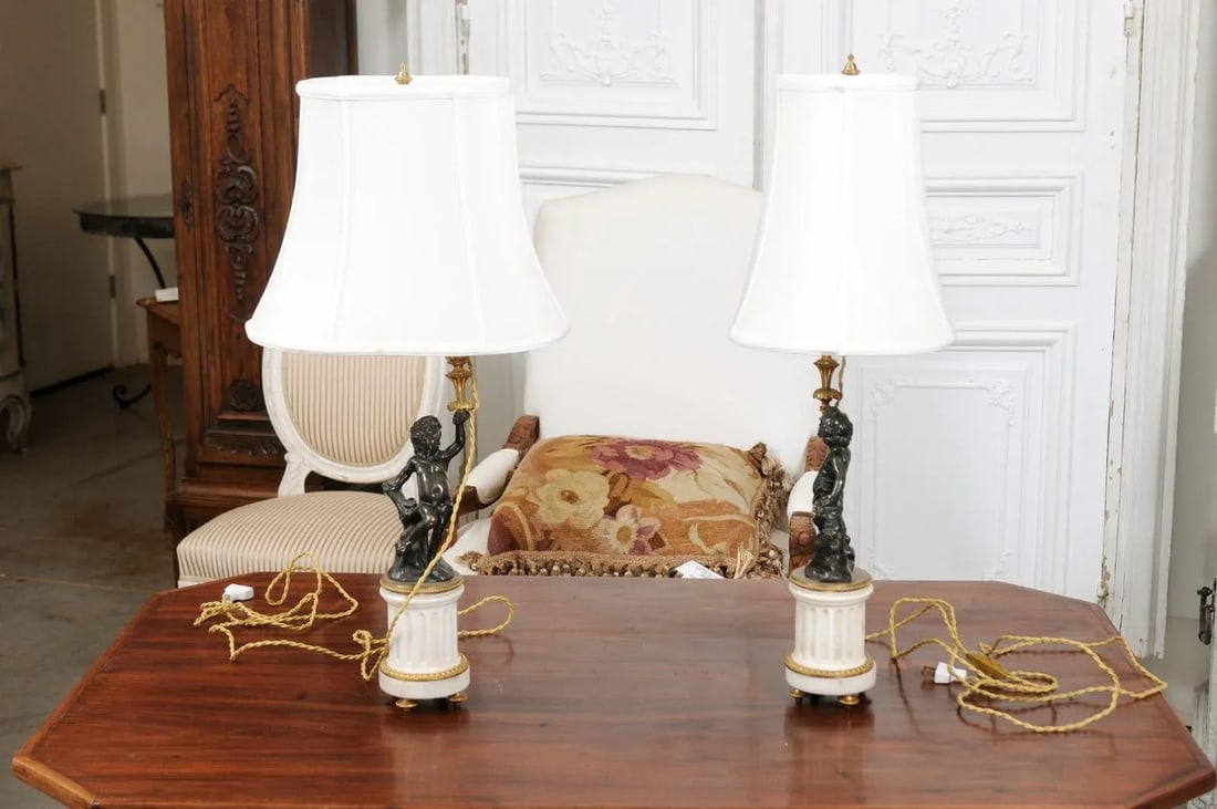 French 19th Century Neoclassical Style Marble and Bronze Putti Lamps - A Pair - 4