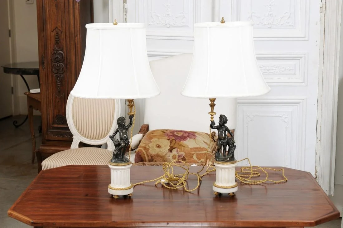 French 19th Century Neoclassical Style Marble and Bronze Putti Lamps - A Pair - 5