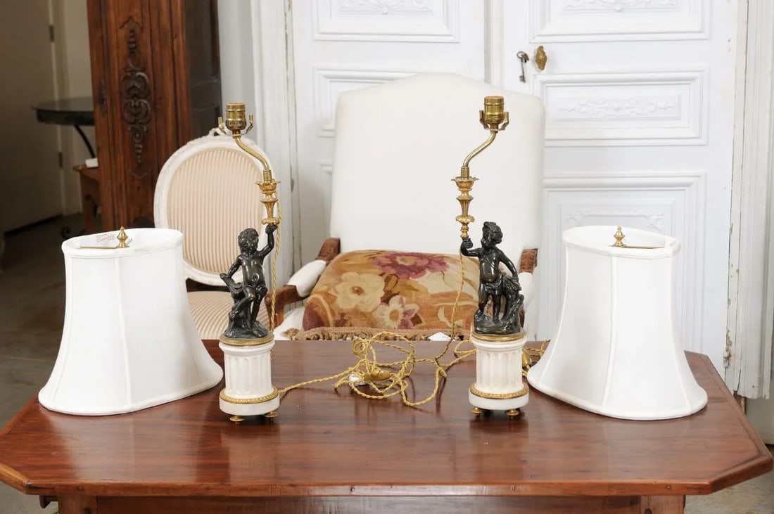 French 19th Century Neoclassical Style Marble and Bronze Putti Lamps - A Pair - 6