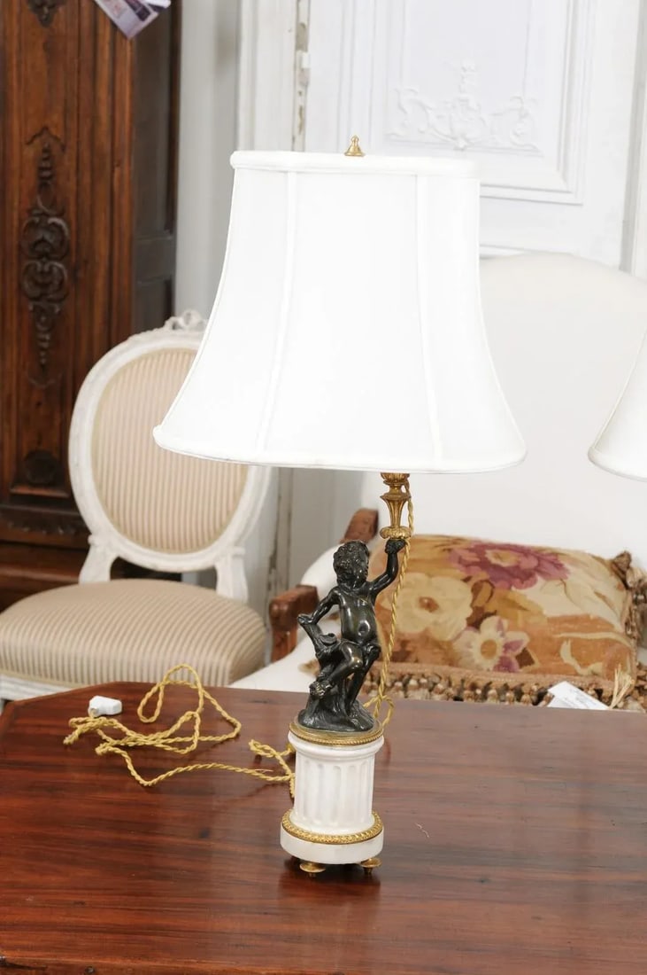 French 19th Century Neoclassical Style Marble and Bronze Putti Lamps - A Pair - 7