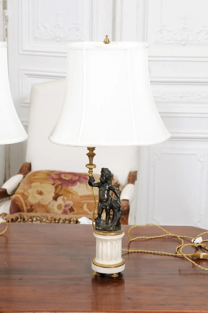 French 19th Century Neoclassical Style Marble and Bronze Putti Lamps - A Pair - 8